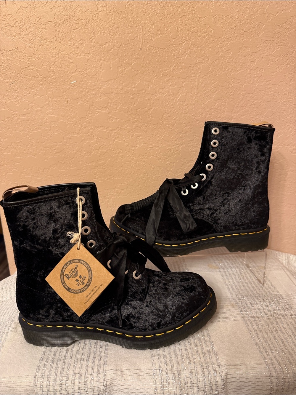 Dr. Martens Vegan Black Velvet Lace Up Boots Women’s Size 8 NEW